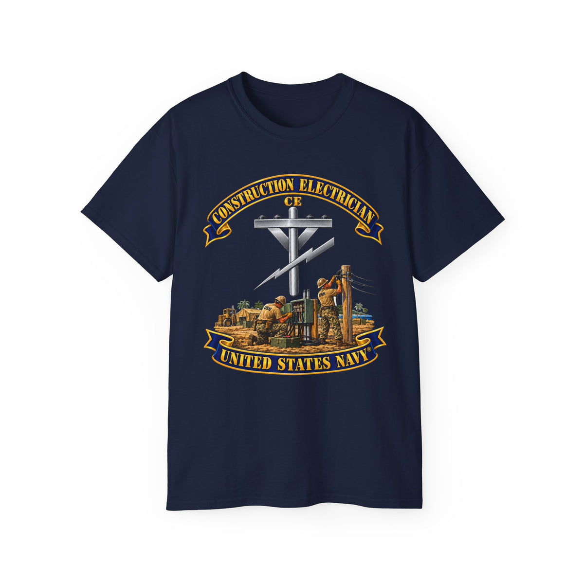 Unisex Ultra Cotton T-Shirt - Navy - Rate - Construction Electrician (CE) with Scene - 3D - Enhanced