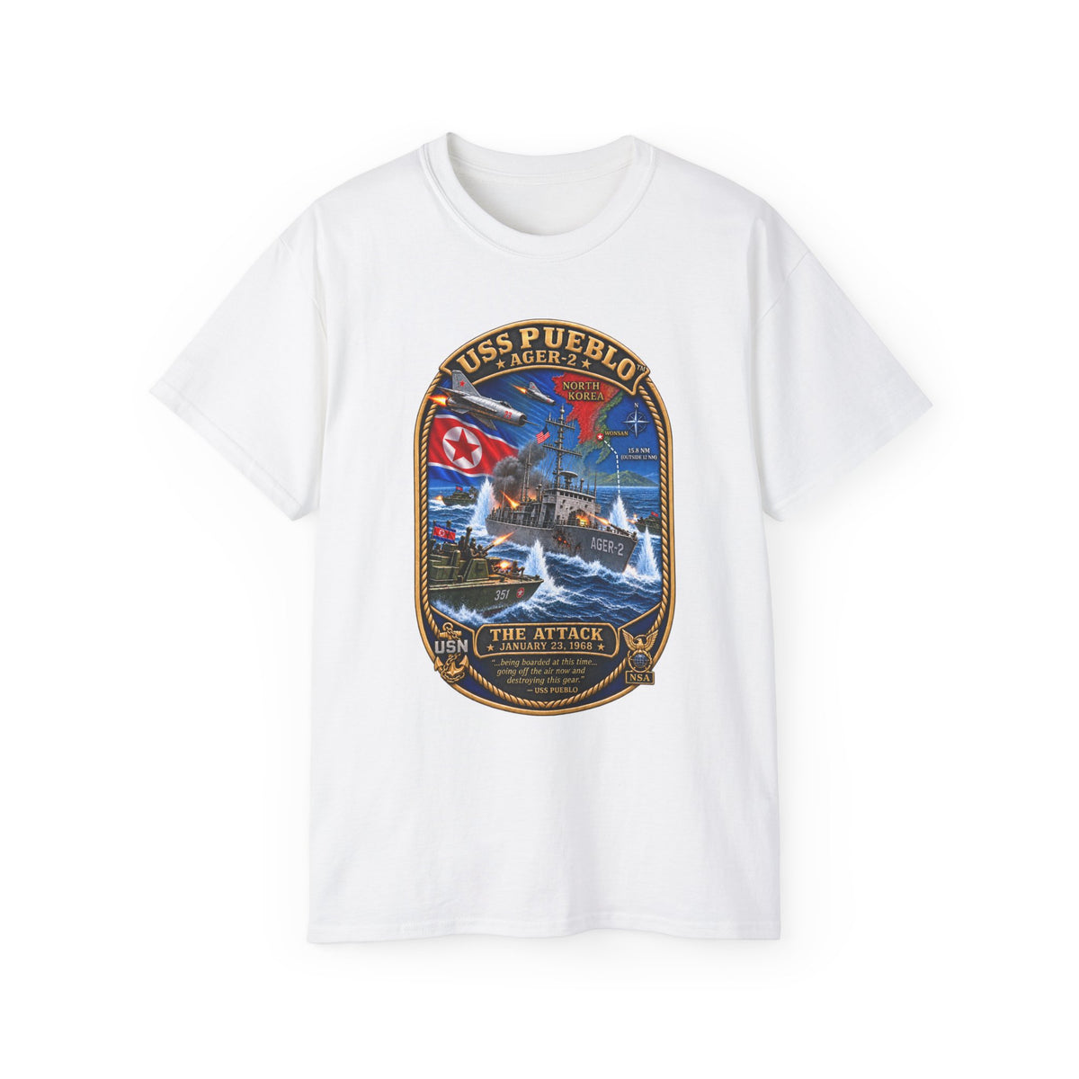 Unisex Ultra Cotton T-Shirt - Navy - USS Pueblo Attack-Defense Commemorative Patch - 3D - Enhanced