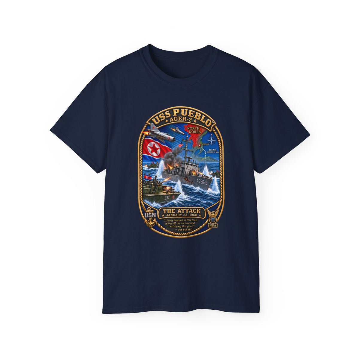 Unisex Ultra Cotton T-Shirt - Navy - USS Pueblo Attack-Defense Commemorative Patch - 3D - Enhanced