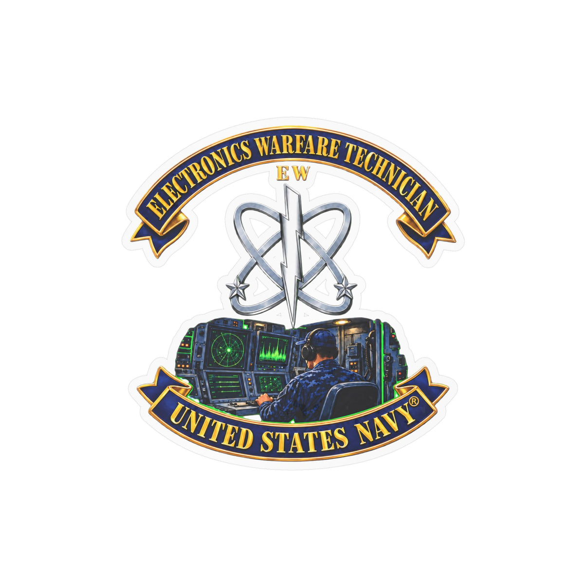 Kiss-Cut Vinyl Decal - Navy - Rate - Electronics Warfare Technician with Scene - 3D - Enhanced