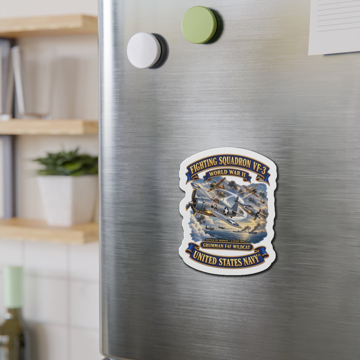 Die-Cut Magnet - Navy - Fighting Squadron - VF 3 - WWII - Grumman F4F Wildcats - Japanese Zeros - Battle of Midway - 3D - Enhanced