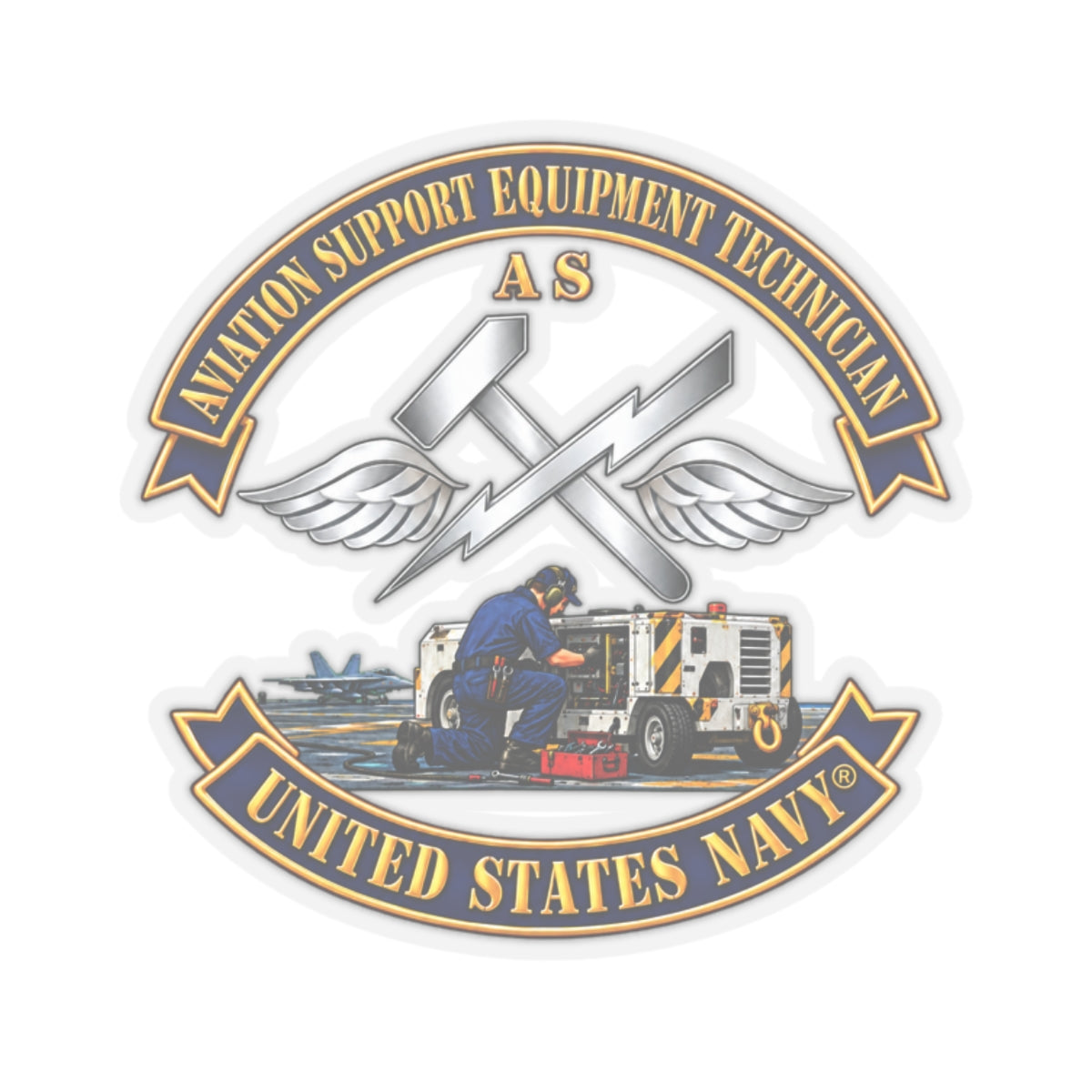 Kiss-Cut Stickers - Navy - Rate - Aviation Support Equipment Technician (AS) with Scene - 3D - Enhanced