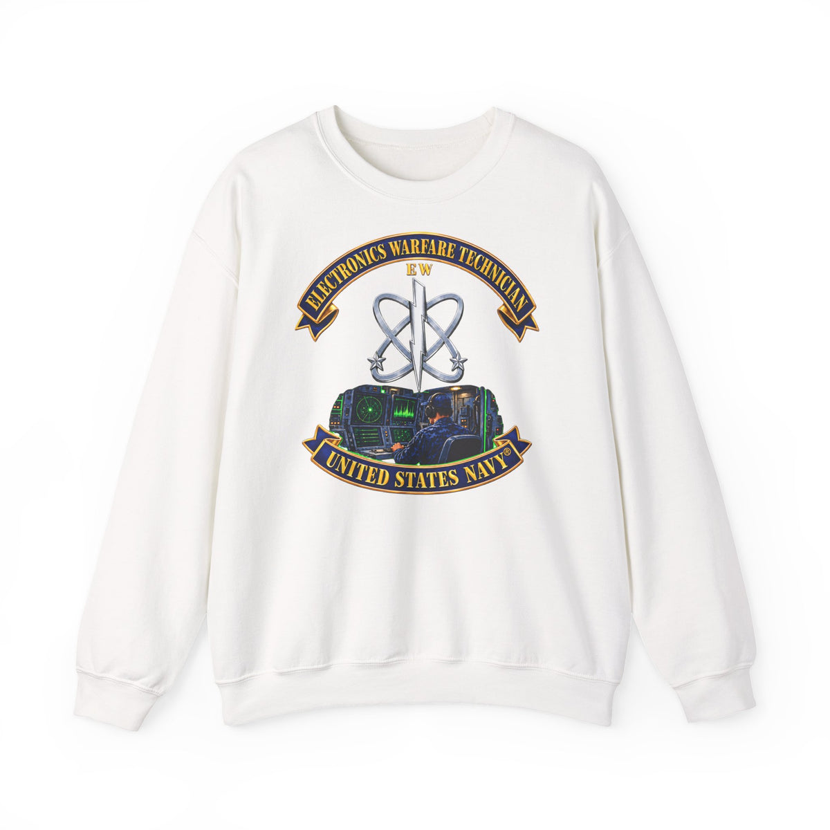 Unisex Heavy Blend™ Crewneck Sweatshirt -  Navy - Rate - Electronics Warfare Technician with Scene - 3D - Enhanced