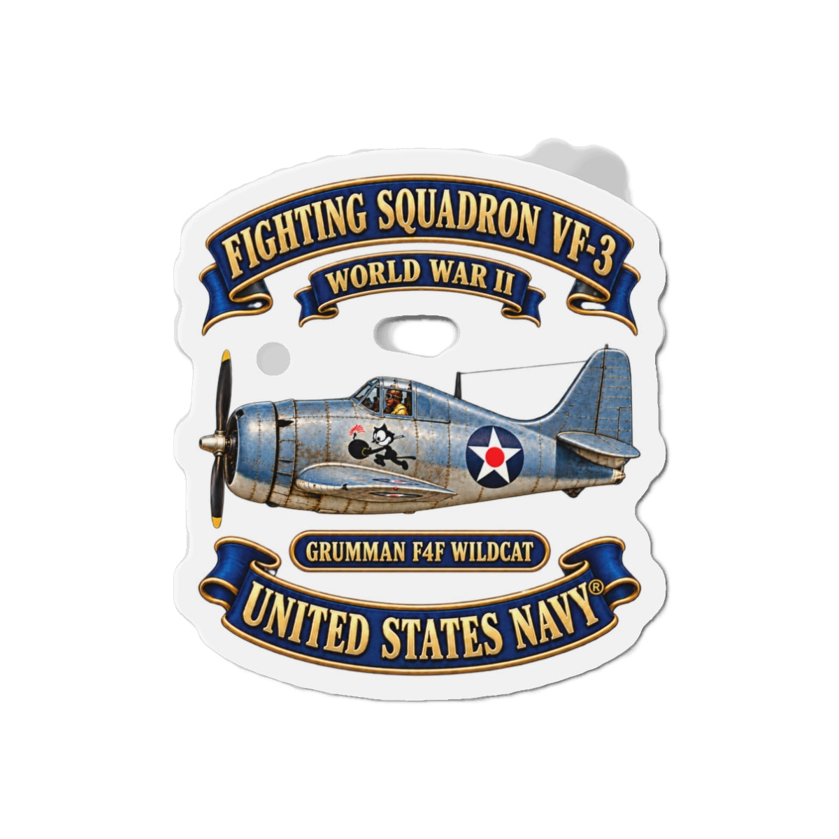 Die-Cut Magnet - NAVY - Fighting Squadron - VF 3 - WWII FELIX Insignia - Grumman F4F Wildcat - 3D - Enhanced