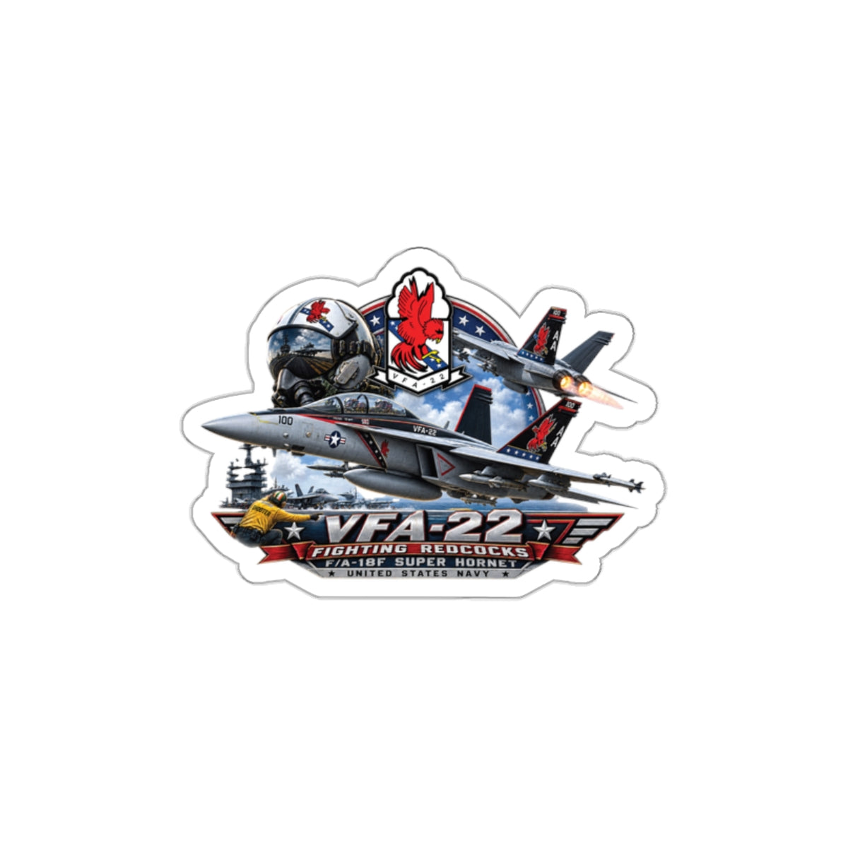Die-Cut Vinyl Sticker - Strike Fighter Squadron 22nd - AC - Fighting Redcocks - 3D - Enhanced
