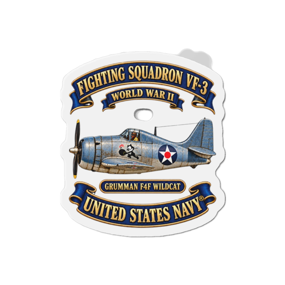 Die-Cut Magnet - NAVY - Fighting Squadron - VF 3 - WWII FELIX Insignia - Grumman F4F Wildcat - 3D - Enhanced