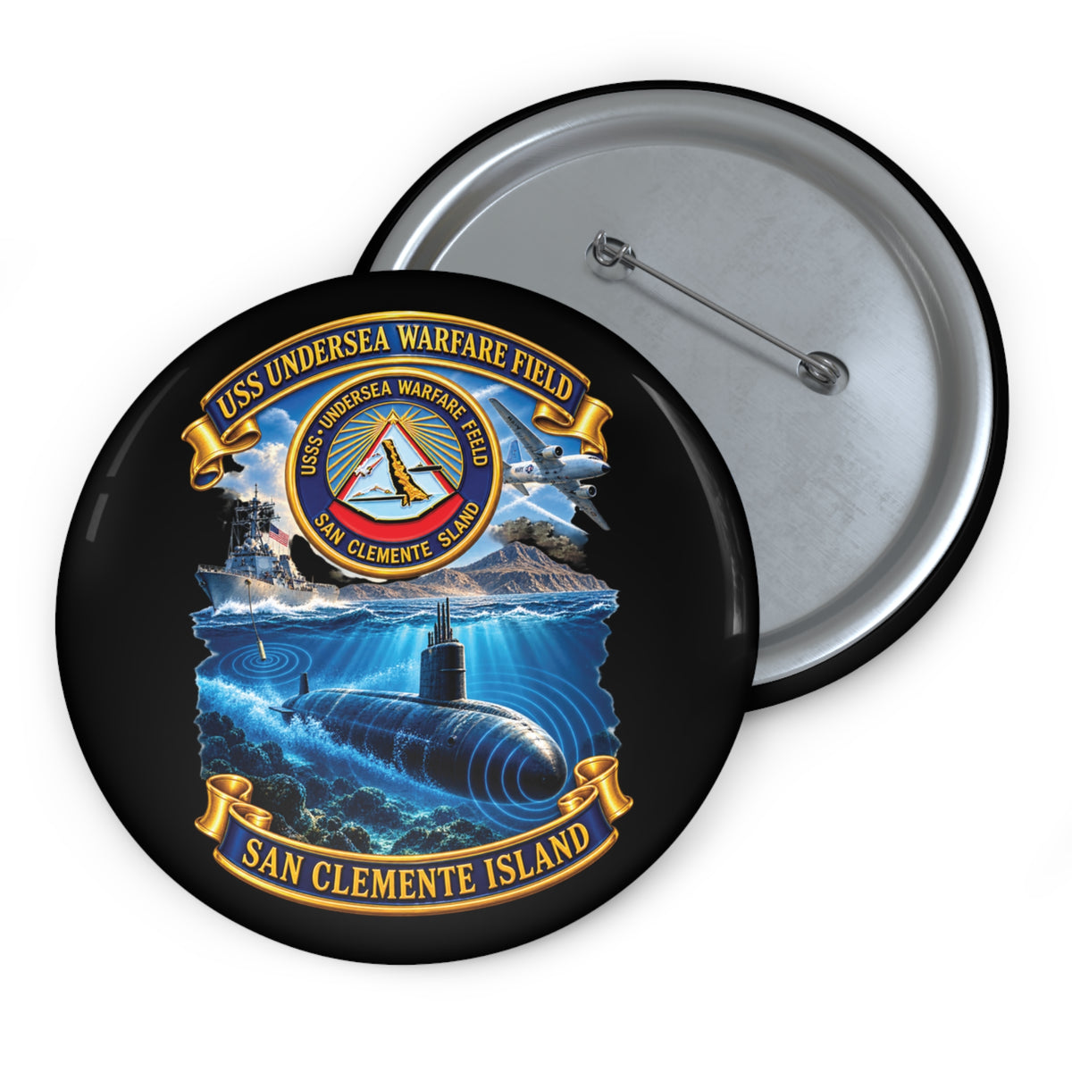Pin Button - NAVY - USS Undersea Warfare Field - San Clemente Island - Crest - w scene - 3D - Enhanced