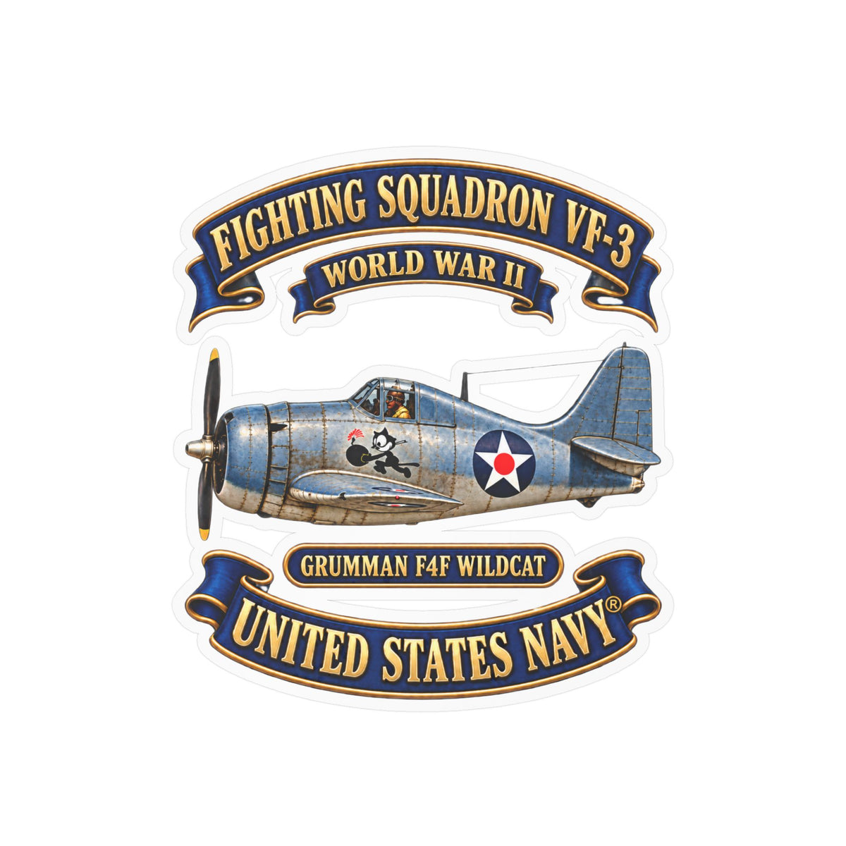 Kiss-Cut Vinyl Decal - NAVY - Fighting Squadron - VF 3 - WWII FELIX Insignia - Grumman F4F Wildcat - 3D - Enhanced