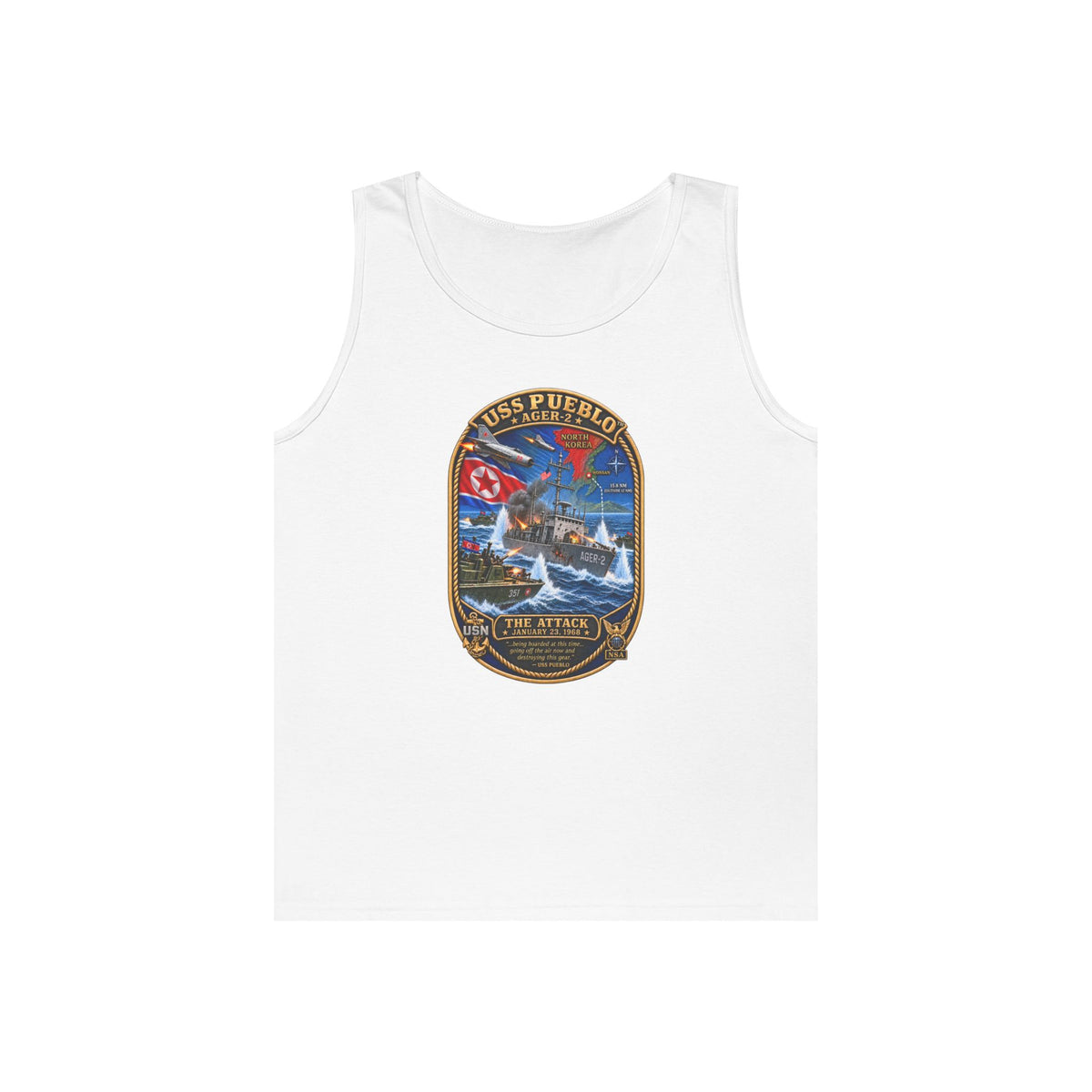 Unisex Heavy Cotton Tank Top - Navy - USS Pueblo Attack-Defense Commemorative Patch - 3D - Enhanced