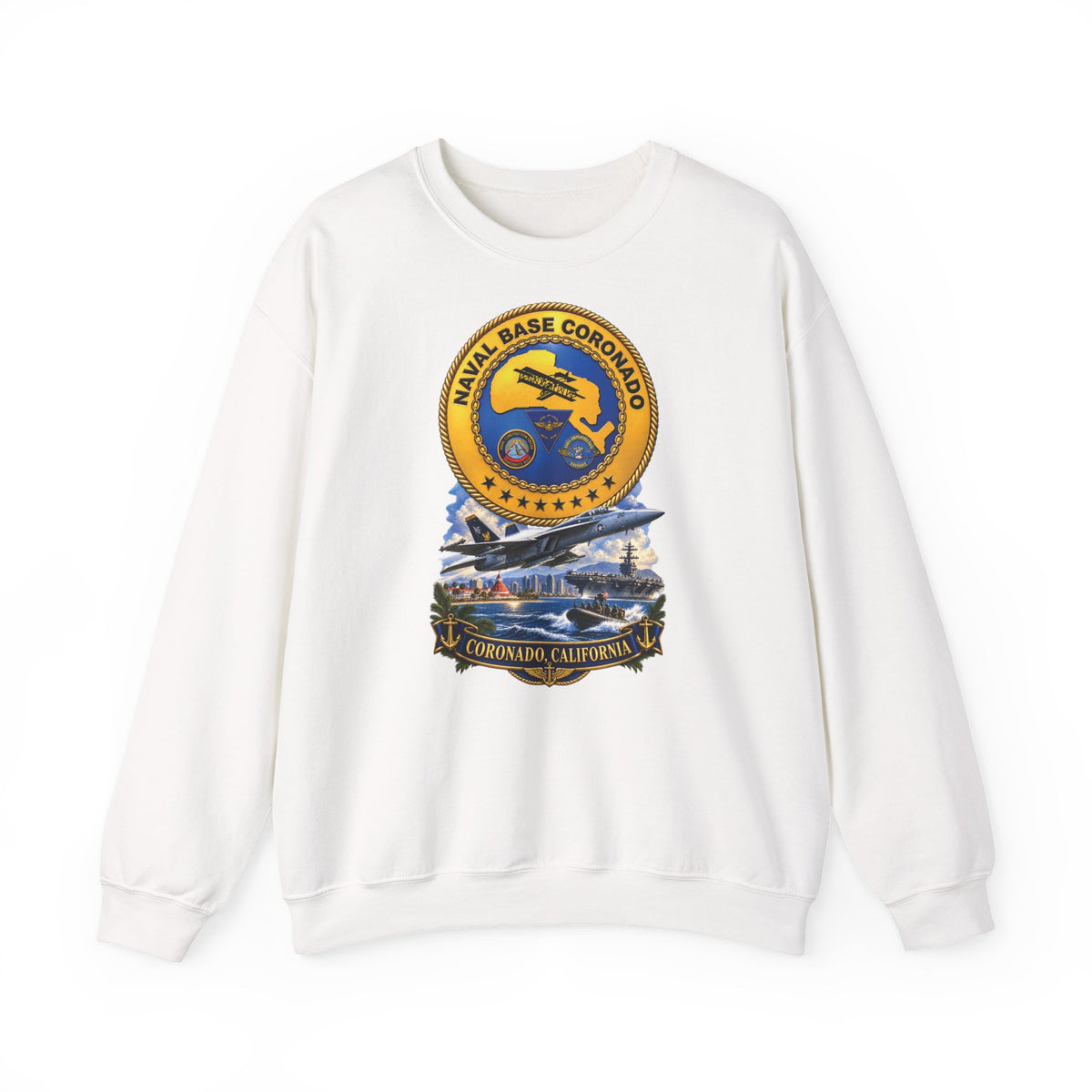 Unisex Heavy Blend™ Crewneck Sweatshirt - NAVY - Naval Base Coronado - Crest w Scene - Coronado California - 3D - Enhanced