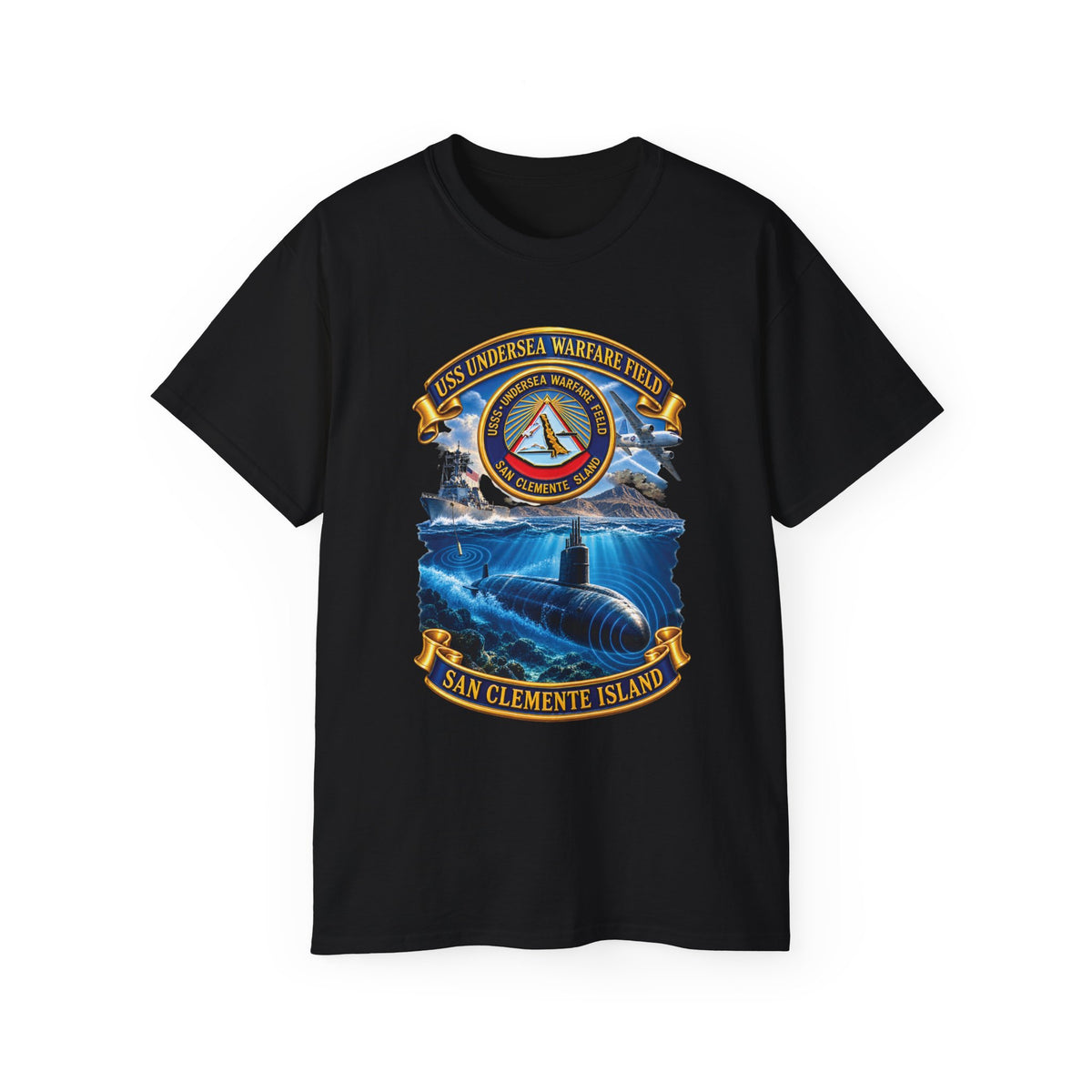 Unisex Ultra Cotton T-Shirt - NAVY - USS Undersea Warfare Field - San Clemente Island - Crest - w scene - 3D - Enhanced