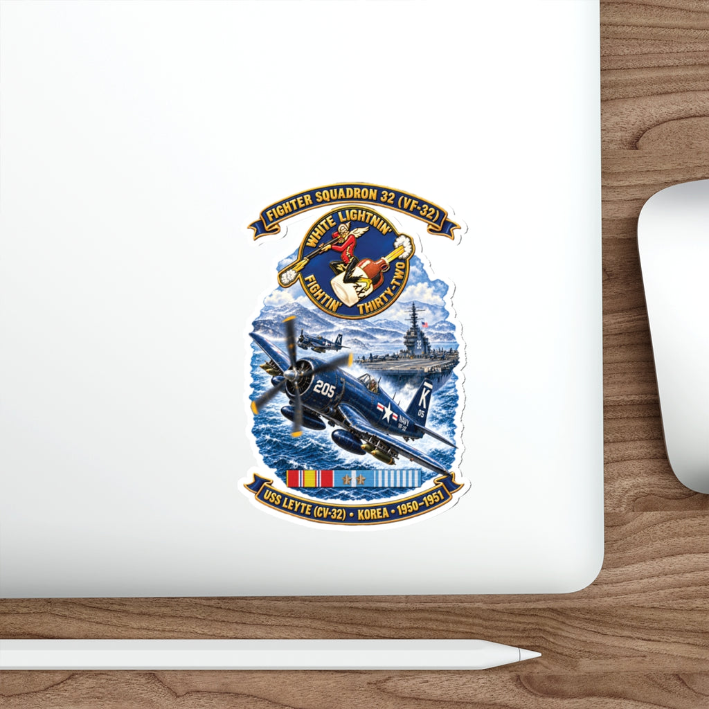 Die-Cut Vinyl Sticker - NAVY - VF 32  -White Lightnin - Fightin 32 - SSI - USS Leyte (CV32) - F4U-4 Corsair - Korea - 1950-1951- 3D - Enhanced