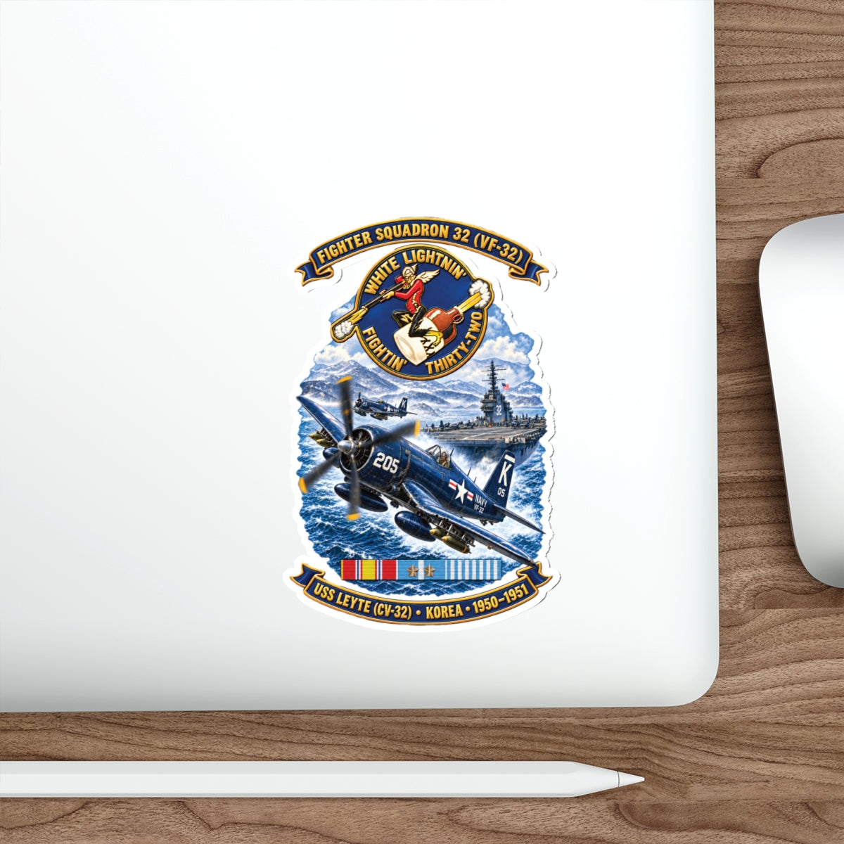 Die-Cut Vinyl Sticker - NAVY - VF 32  -White Lightnin - Fightin 32 - SSI - USS Leyte (CV32) - F4U-4 Corsair - Korea - 1950-1951- 3D - Enhanced