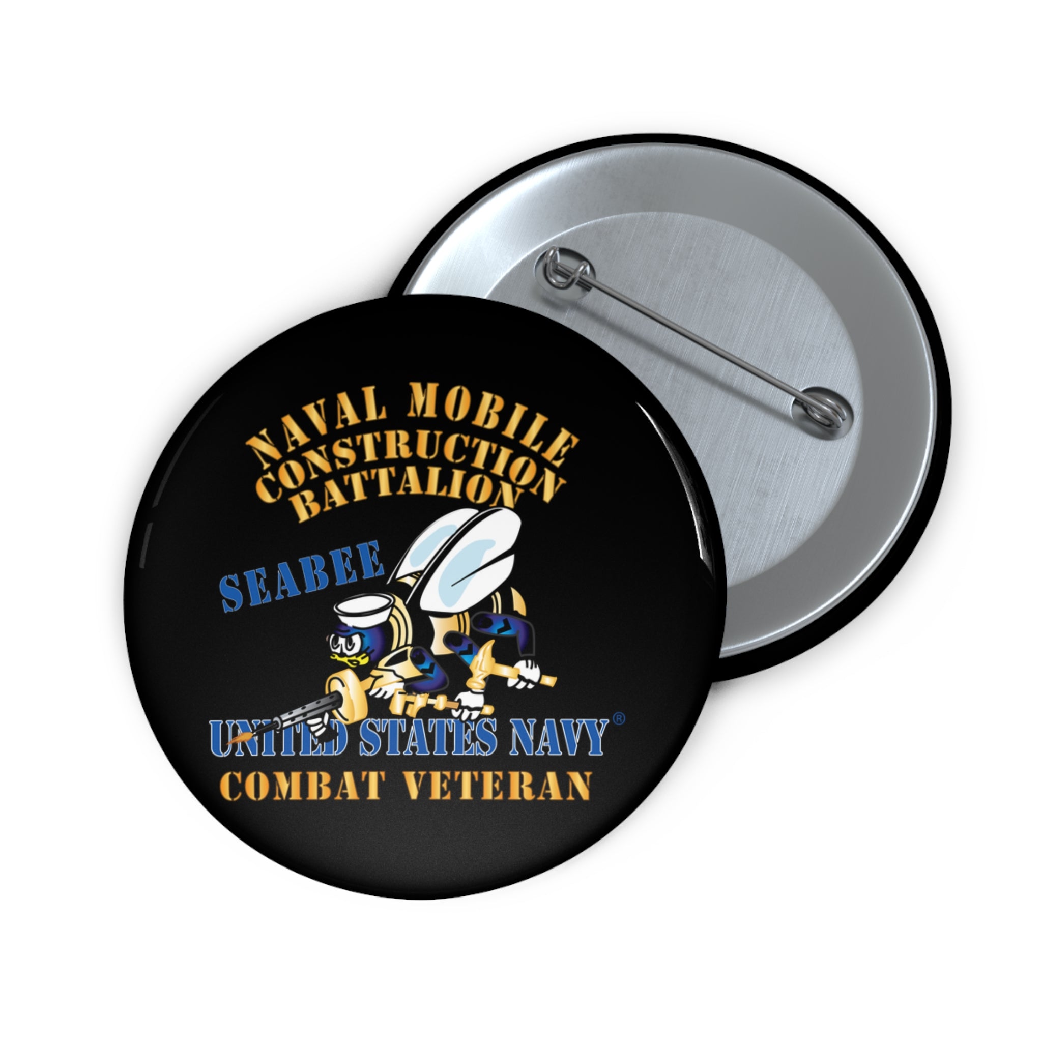 Custom Pin Button - Navy - Seabee - Combat Veteran