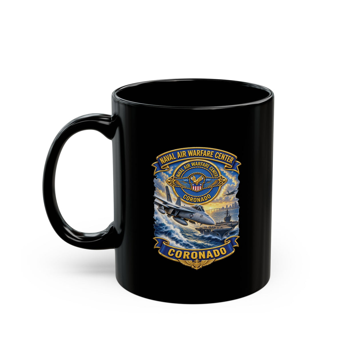 Black Mug (11oz, 15oz) - NAVY - Naval Air Warfare Center - Coronado - Crest - with Scene - 3D - Enhanced