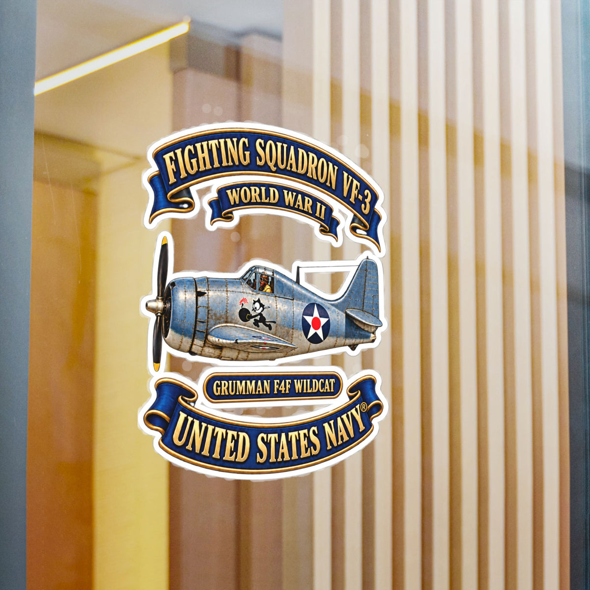 Kiss-Cut Vinyl Decal - NAVY - Fighting Squadron - VF 3 - WWII FELIX Insignia - Grumman F4F Wildcat - 3D - Enhanced