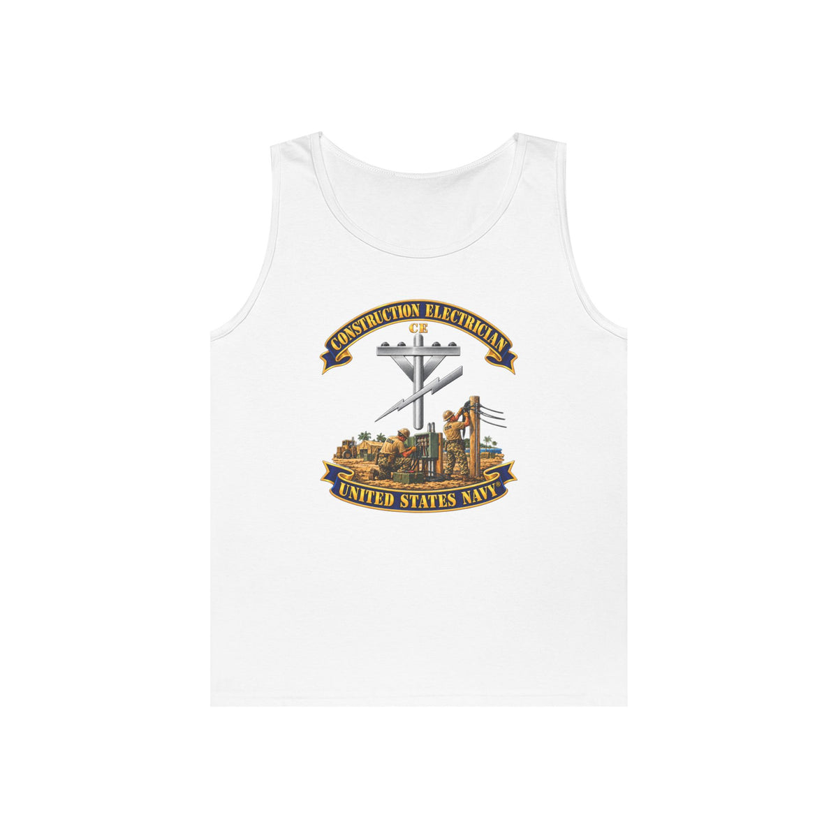 Unisex Heavy Cotton Tank Top - Navy - Rate - Construction Electrician (CE) with Scene - 3D - Enhanced