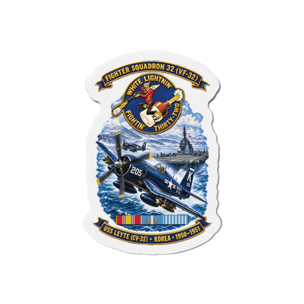 Die-Cut Magnet - NAVY - VF 32  -White Lightnin - Fightin 32 - SSI - USS Leyte (CV32) - F4U-4 Corsair - Korea - 1950-1951- 3D - Enhanced
