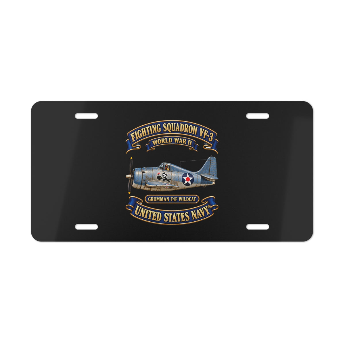 Vanity License Plate - NAVY - Fighting Squadron - VF 3 - WWII FELIX Insignia - Grumman F4F Wildcat - 3D - Enhanced