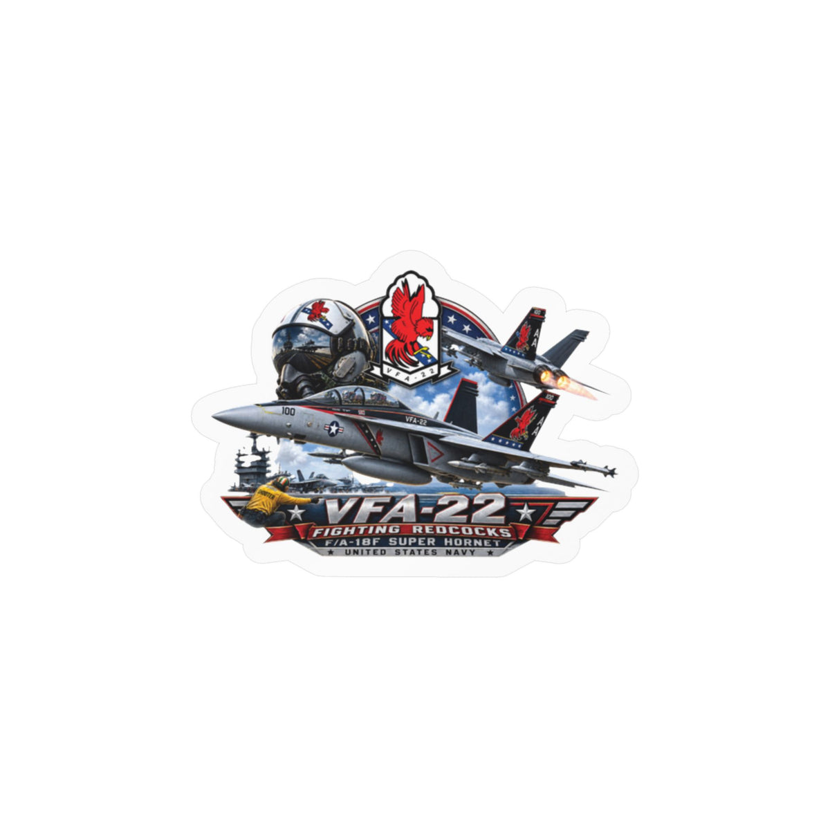 Kiss-Cut Vinyl Decal - Strike Fighter Squadron 22nd - AC - Fighting Redcocks - 3D - Enhanced