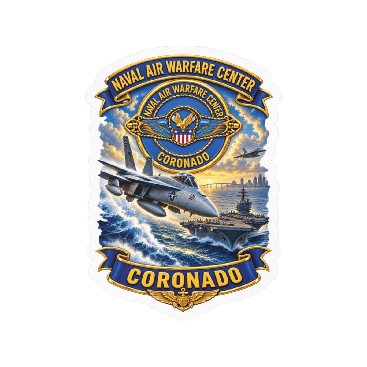 Kiss-Cut Vinyl Decal - NAVY - Naval Air Warfare Center - Coronado - Crest - with Scene - 3D - Enhanced