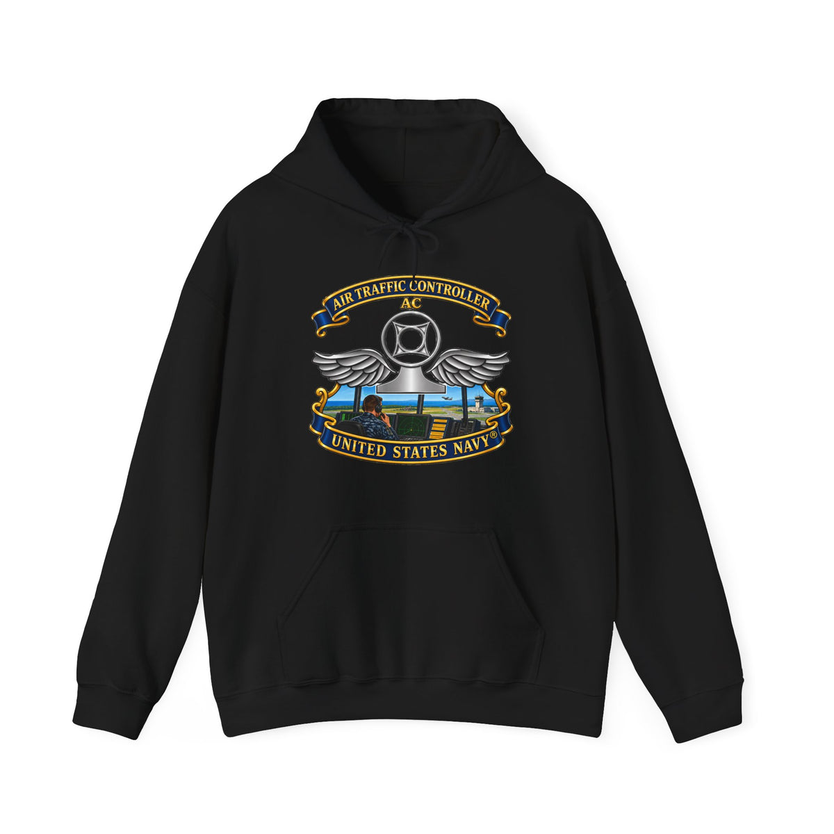 Unisex Heavy Blend™ Hoodies - Navy - Rate - Air Traffic Controller (AC) - with Scene - 3D - Enhanced