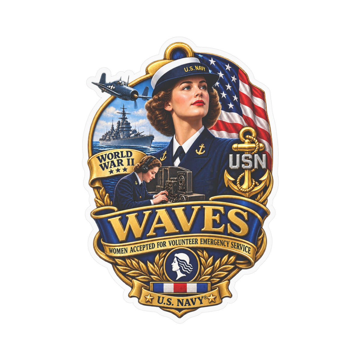 Kiss-Cut Vinyl Decal - WAVES - Women Accepted for Volunteer Emergency Service WWII - 3D - Enhanced