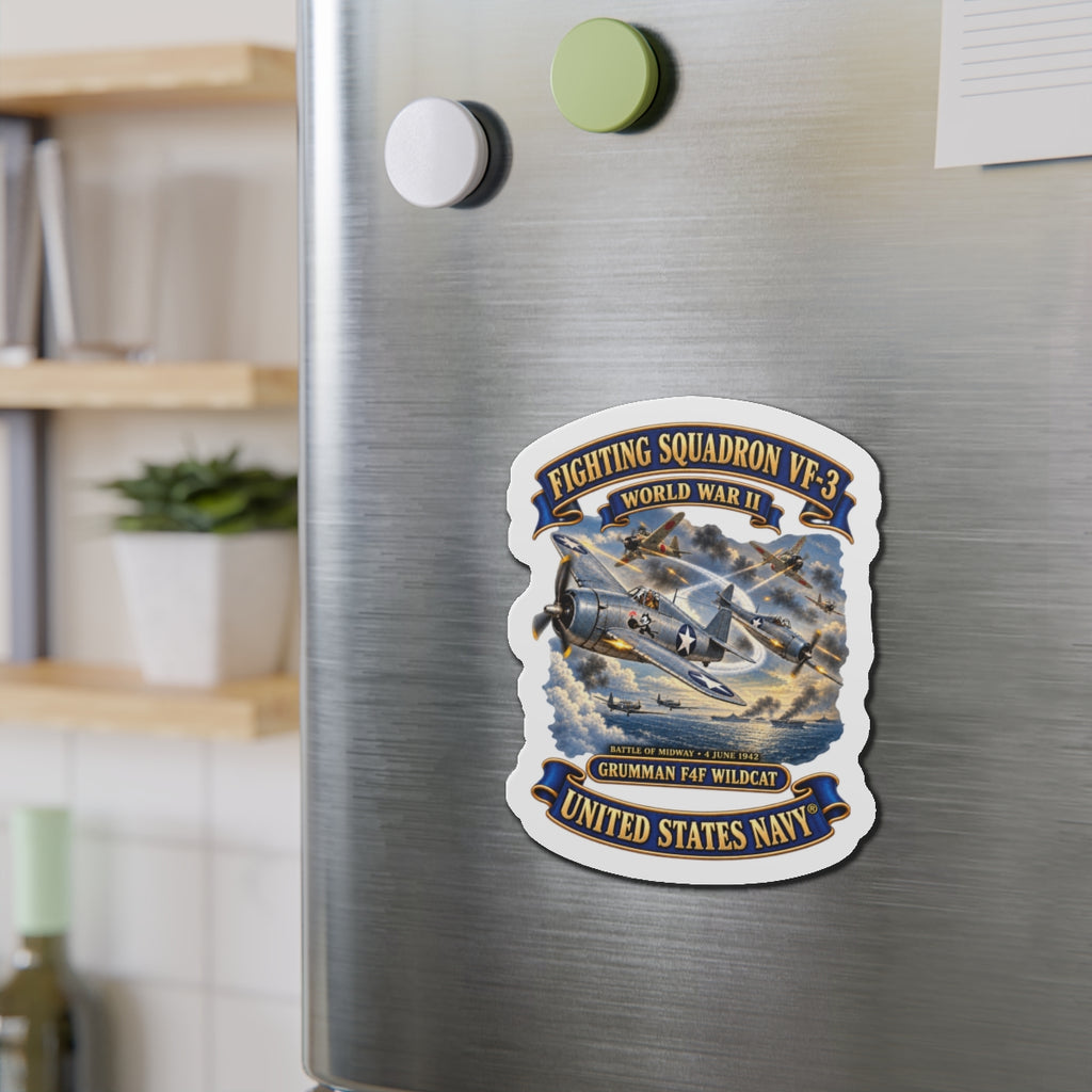 Die-Cut Magnet - Navy - Fighting Squadron - VF 3 - WWII - Grumman F4F Wildcats - Japanese Zeros - Battle of Midway - 3D - Enhanced