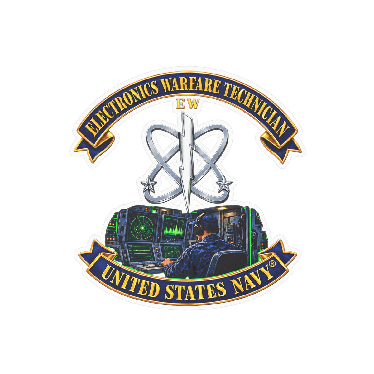 Kiss-Cut Vinyl Decal - Navy - Rate - Electronics Warfare Technician with Scene - 3D - Enhanced
