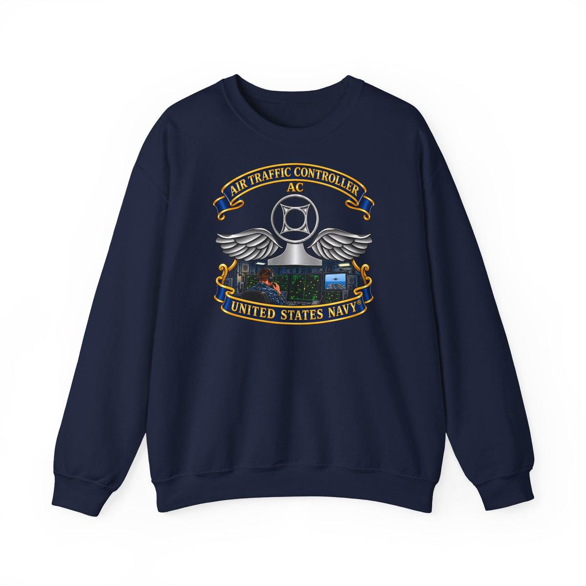 Unisex Heavy Blend™ Crewneck Sweatshirt -  Navy - Rate - Air Traffic Controller (AC) - Shipboard Version  3D - Enhanced