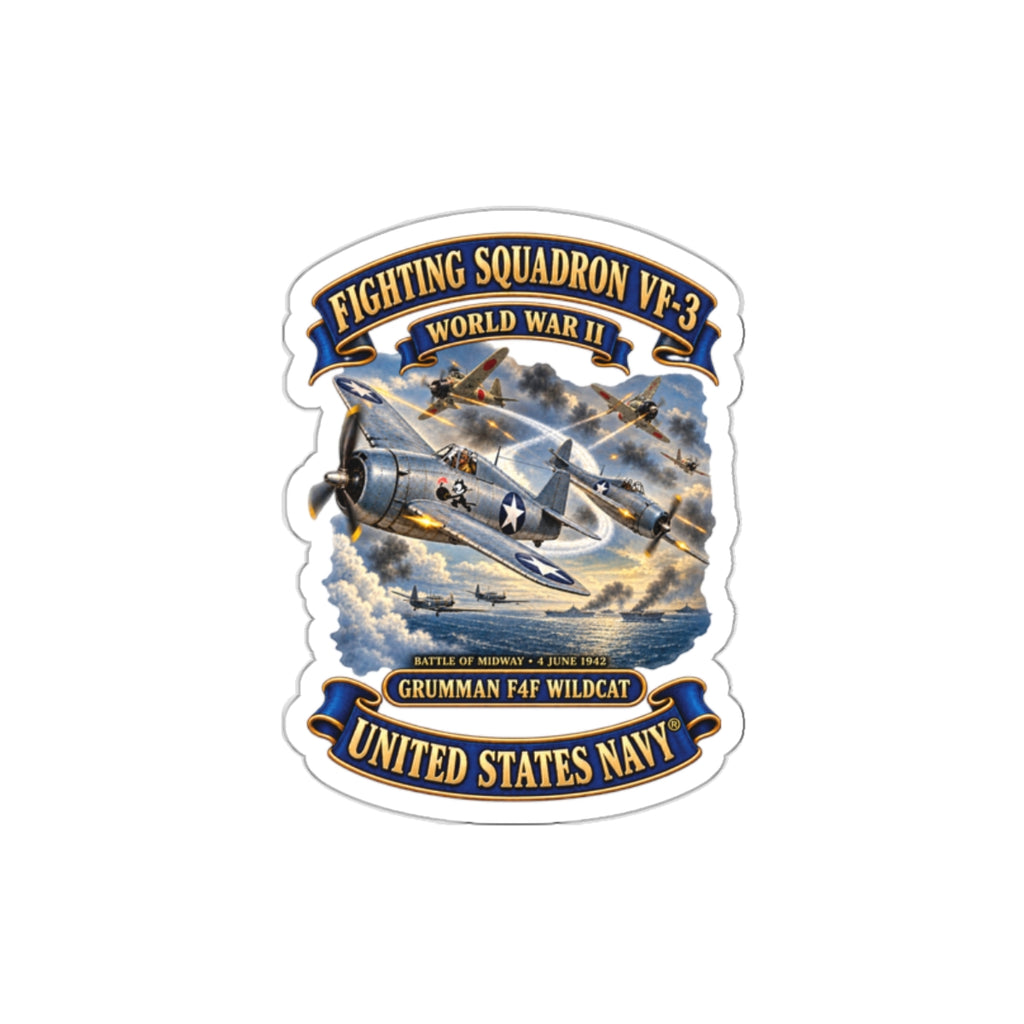 Die-Cut Vinyl Sticker - Navy - Fighting Squadron - VF 3 - WWII - Grumman F4F Wildcats - Japanese Zeros - Battle of Midway - 3D - Enhanced