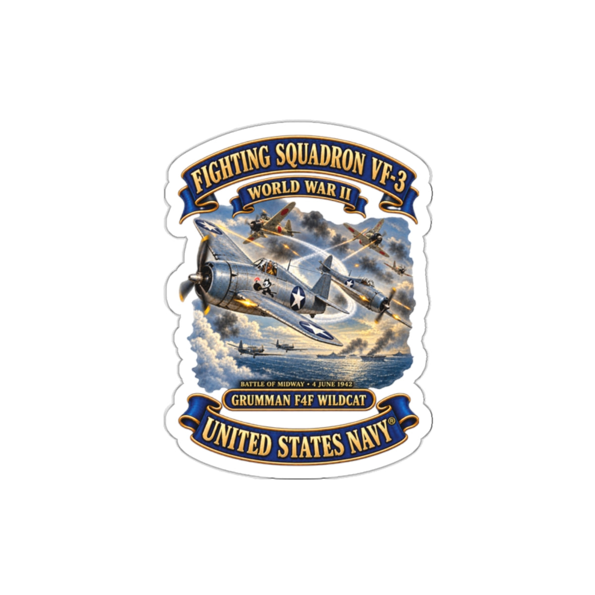 Die-Cut Vinyl Sticker - Navy - Fighting Squadron - VF 3 - WWII - Grumman F4F Wildcats - Japanese Zeros - Battle of Midway - 3D - Enhanced