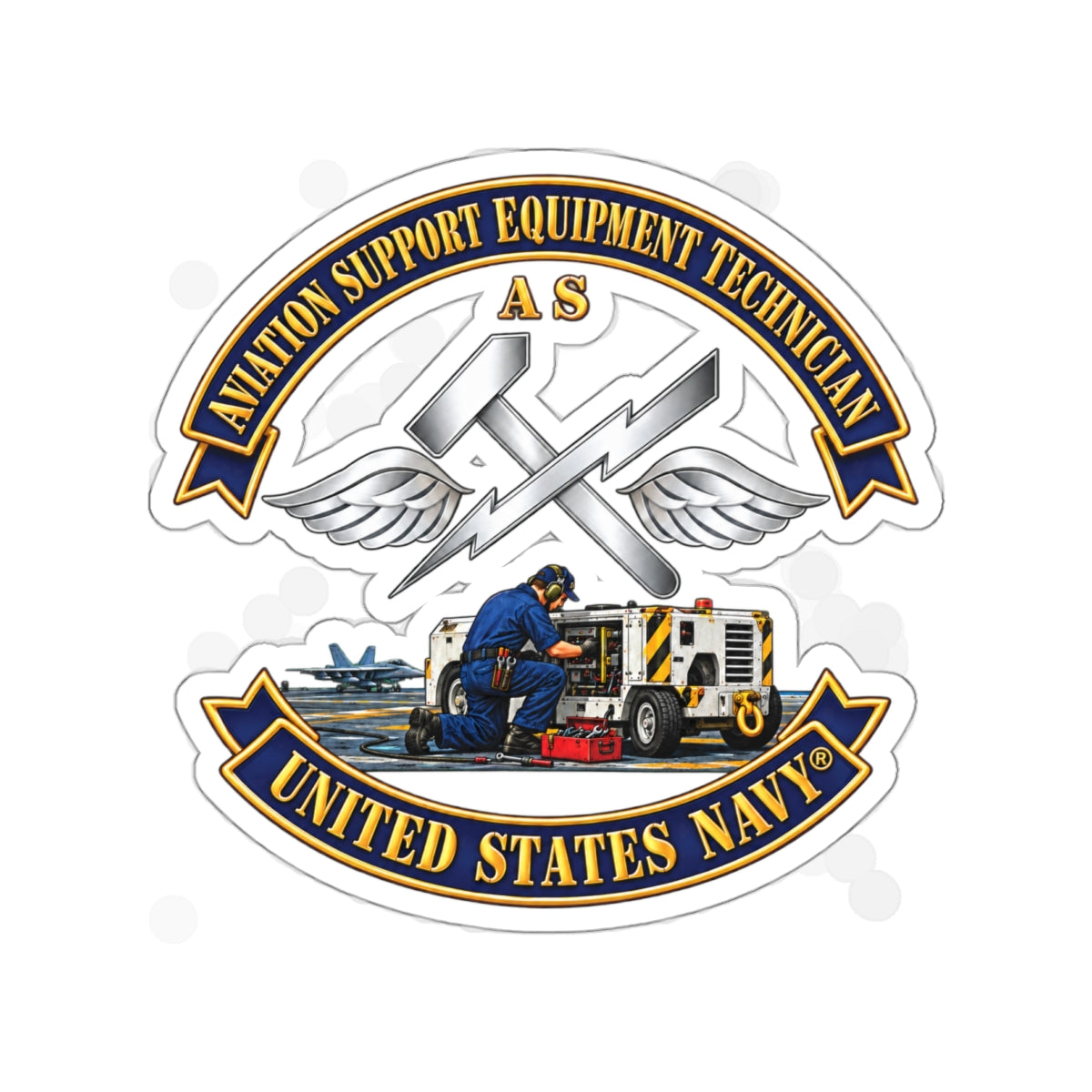 Die-Cut Vinyl Sticker - Navy - Rate - Aviation Support Equipment Technician (AS) with Scene - 3D - Enhanced
