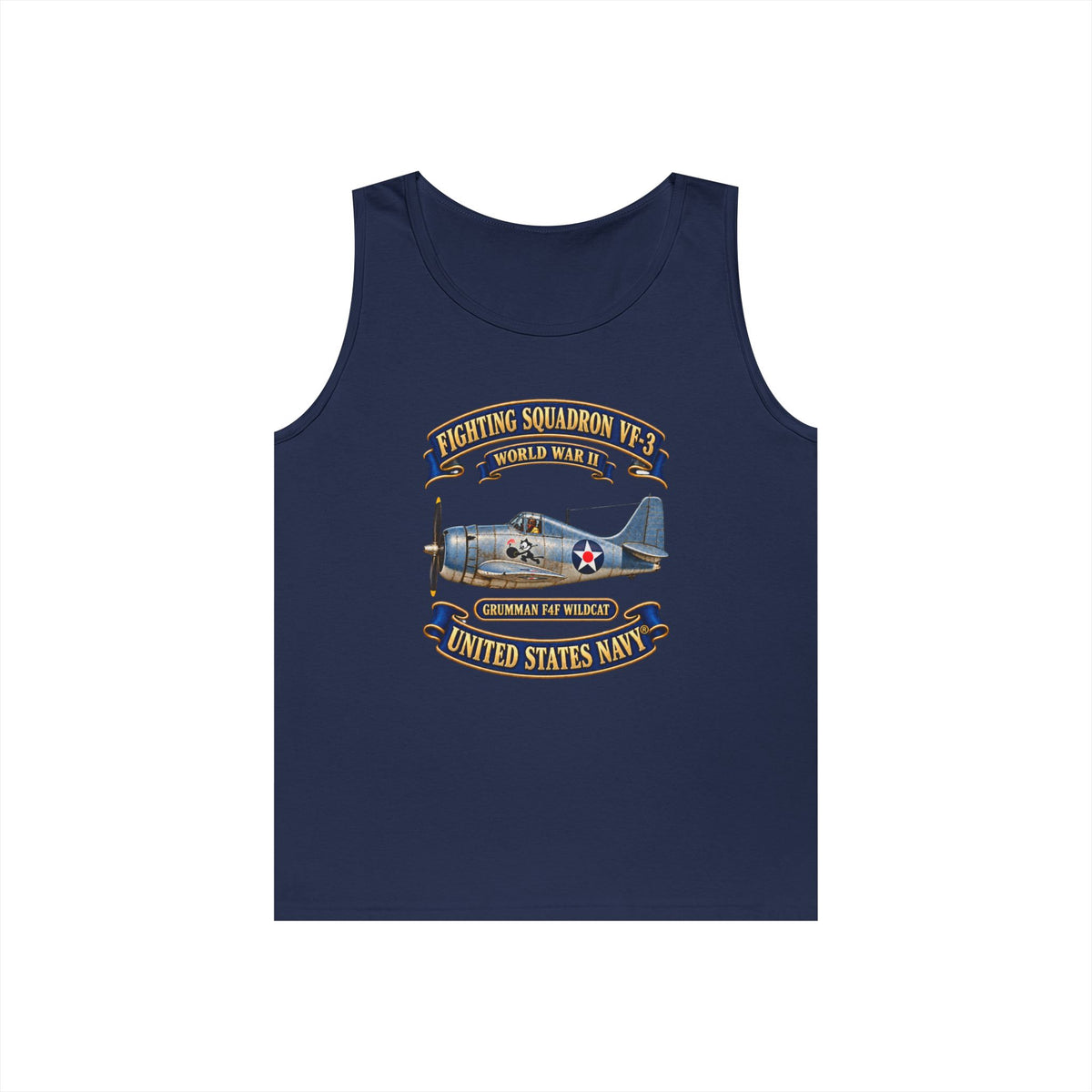 Unisex Heavy Cotton Tank Top - NAVY - Fighting Squadron - VF 3 - WWII FELIX Insignia - Grumman F4F Wildcat - 3D - Enhanced