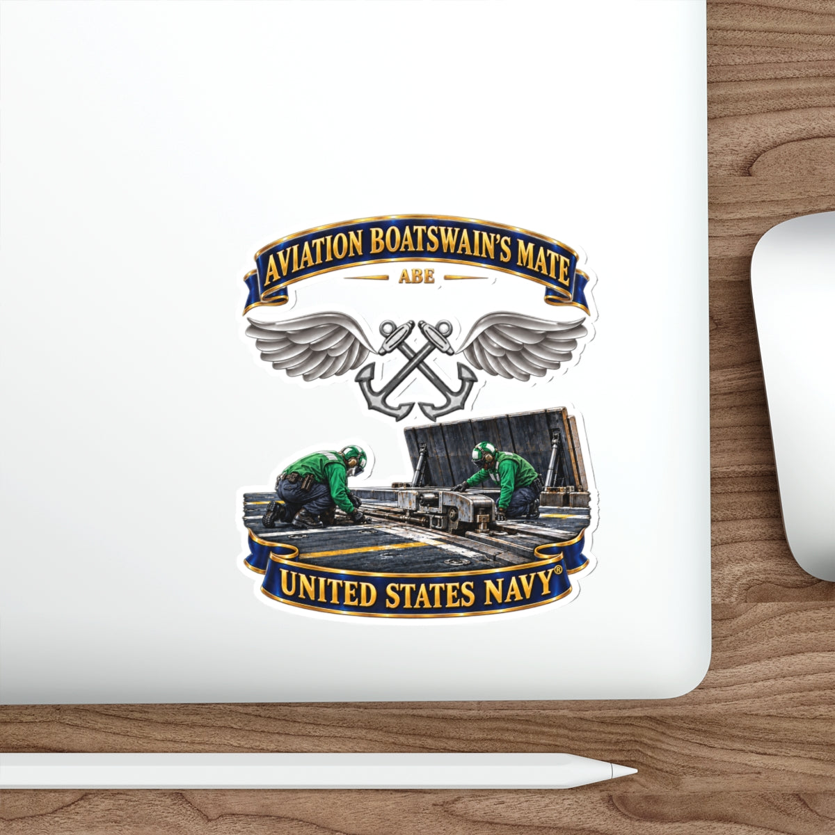 Die-Cut Vinyl Sticker - Navy - Rate - Aviation Boatswain's Mate (ABE) - with Scene - 3D - Enhanced