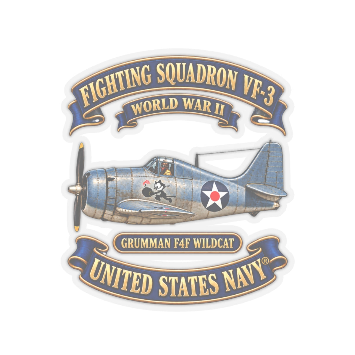 Kiss-Cut Stickers - NAVY - Fighting Squadron - VF 3 - WWII FELIX Insignia - Grumman F4F Wildcat - 3D - Enhanced