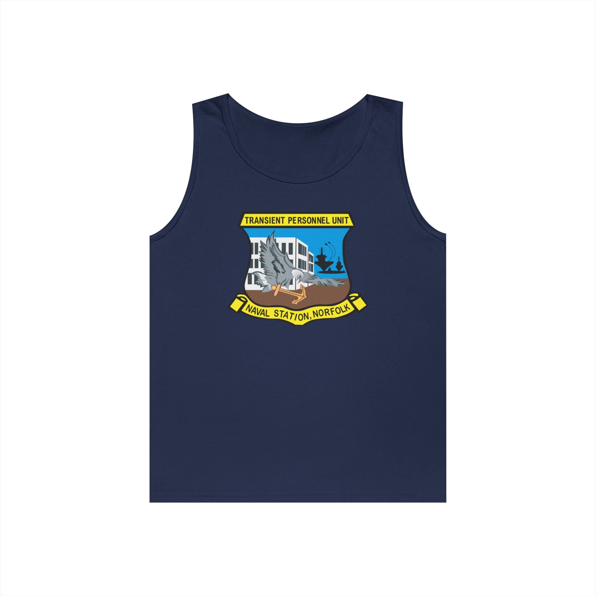 Unisex Heavy Cotton Tank Top - Navy - Transient Personnel Unit - Naval Station Norfolk wo Txt