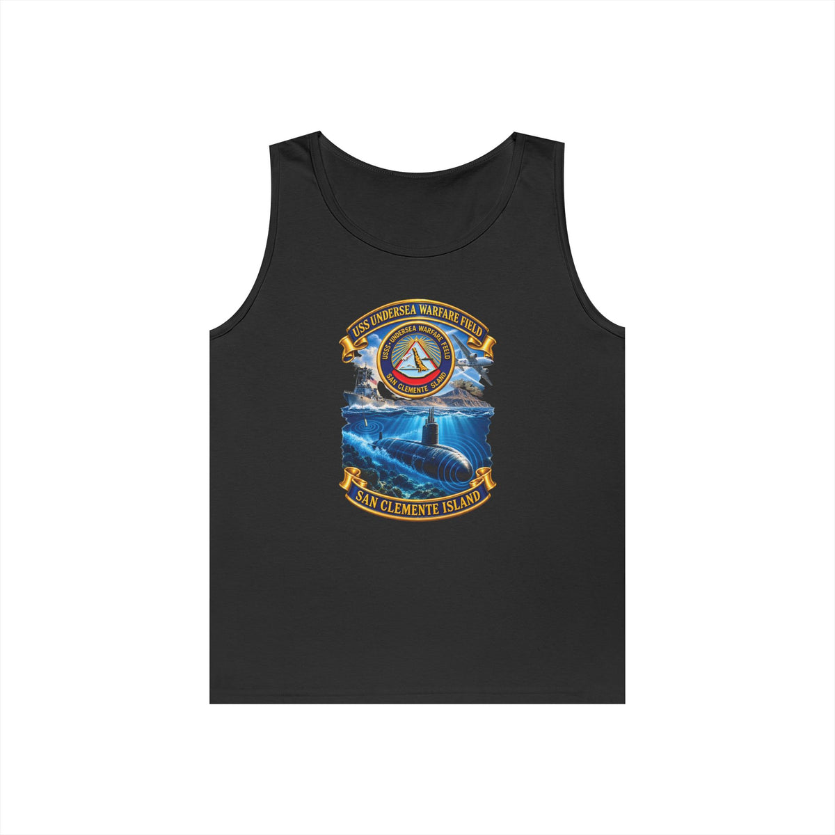 Unisex Heavy Cotton Tank Top - NAVY - USS Undersea Warfare Field - San Clemente Island - Crest - w scene - 3D - Enhanced