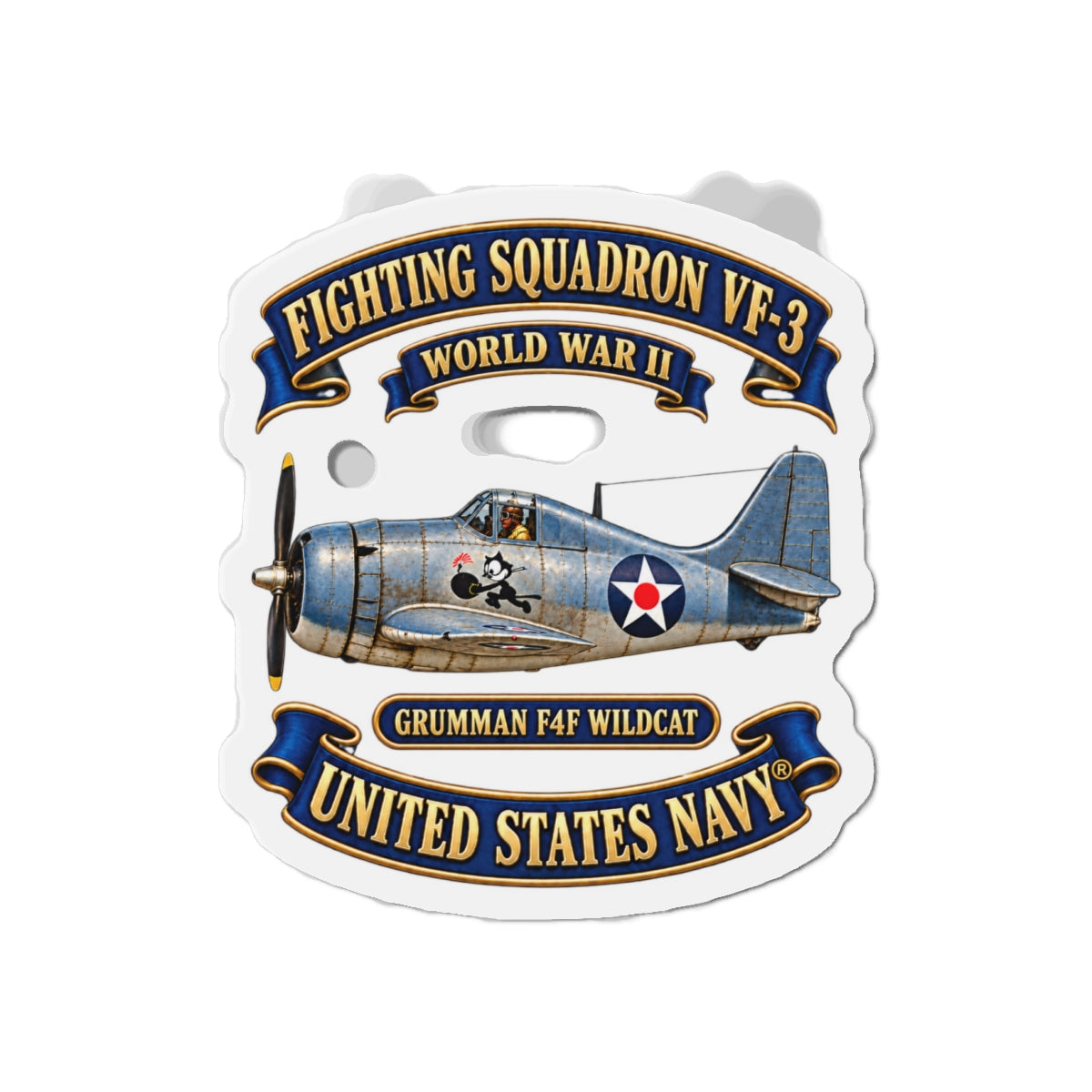 Die-Cut Magnet - NAVY - Fighting Squadron - VF 3 - WWII FELIX Insignia - Grumman F4F Wildcat - 3D - Enhanced