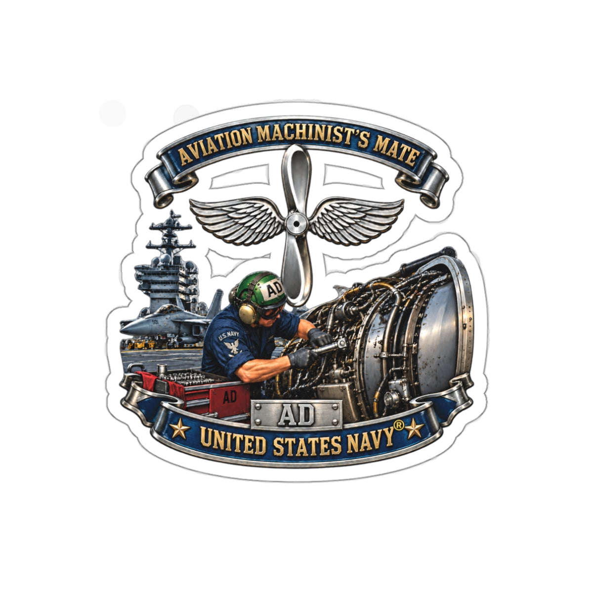 Die-Cut Vinyl Sticker - Navy - Rate - Aviation Machinists Mate Br with Scene - 3D - Enhanced