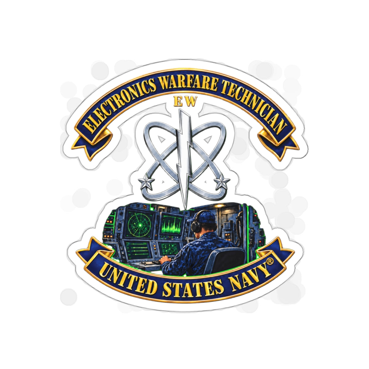 Die-Cut Vinyl Sticker - Navy - Rate - Electronics Warfare Technician with Scene - 3D - Enhanced