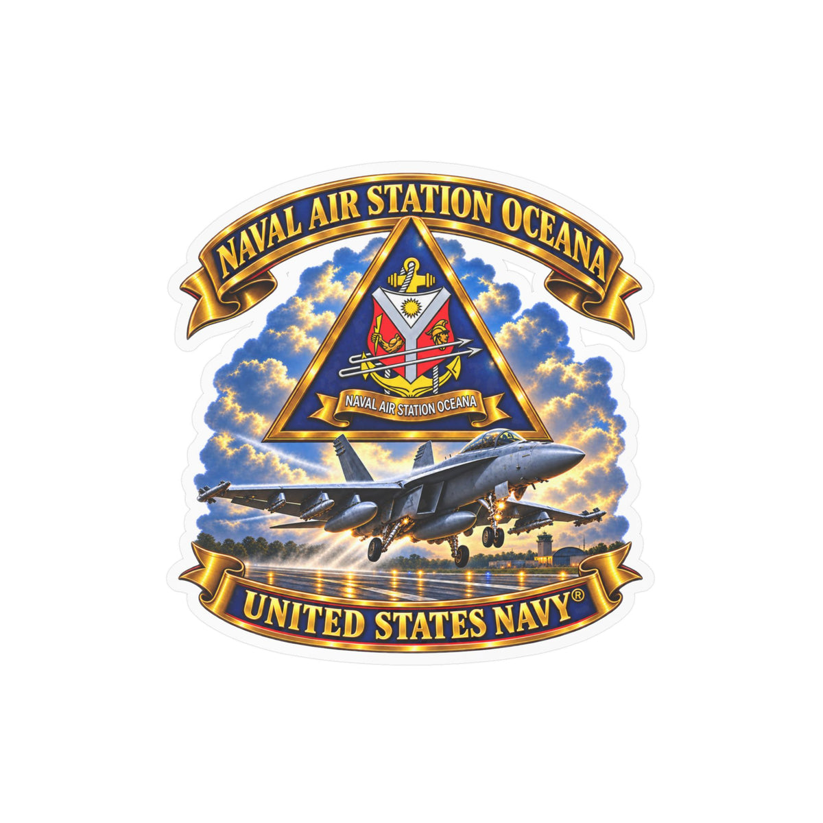 Kiss-Cut Vinyl Decal - Navy - Naval Air Station Oceana - Crest with Aircraft - United States Navy - 3D - Enhanced