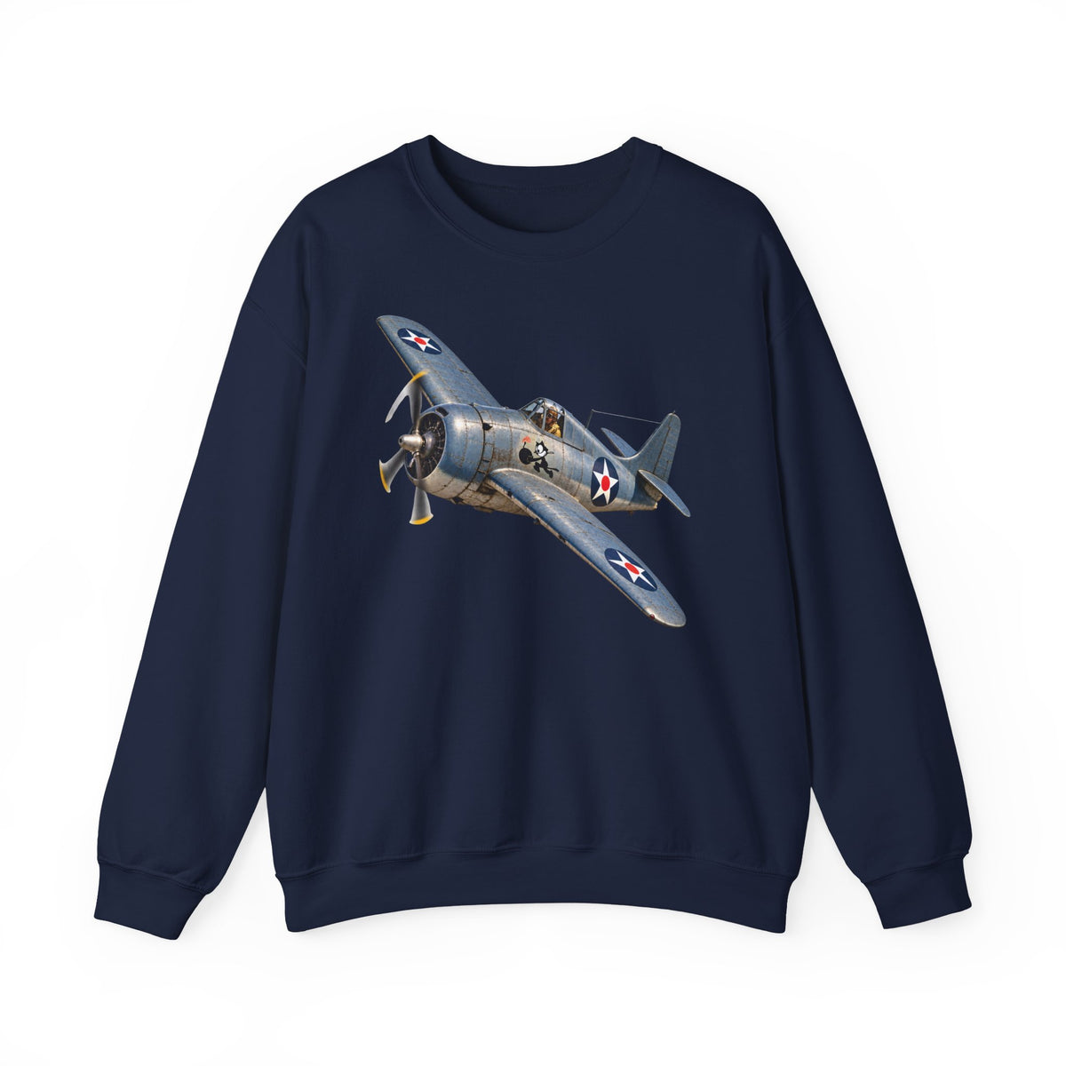Unisex Heavy Blend™ Crewneck Sweatshirt - NAVY - VF - 3 - Wildcat w FELIX WWI Insignia - 3D - Enhanced
