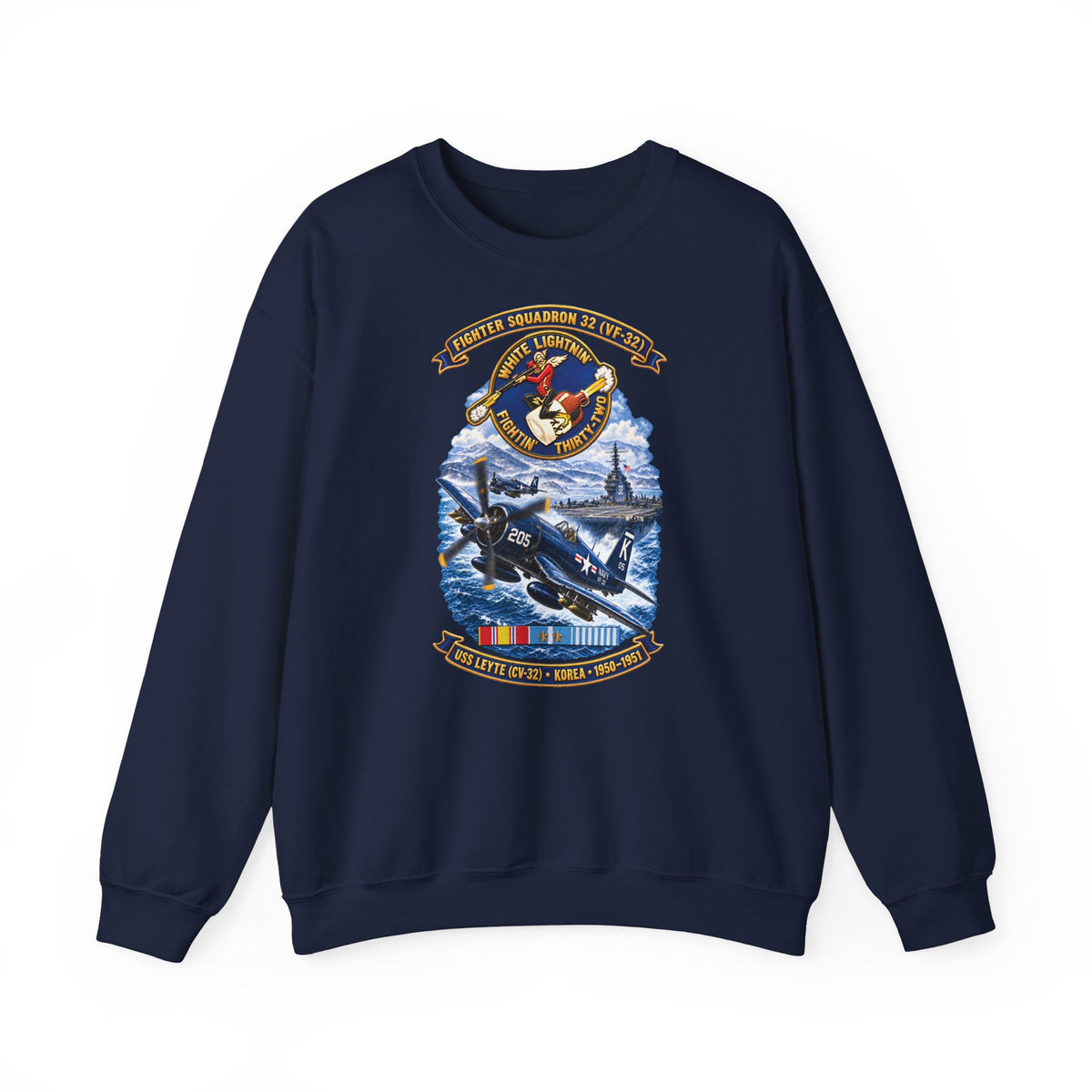 Unisex Heavy Blend™ Crewneck Sweatshirt - NAVY - VF 32  -White Lightnin - Fightin 32 - SSI - USS Leyte (CV32) - F4U-4 Corsair - Korea - 1950-1951- 3D - Enhanced