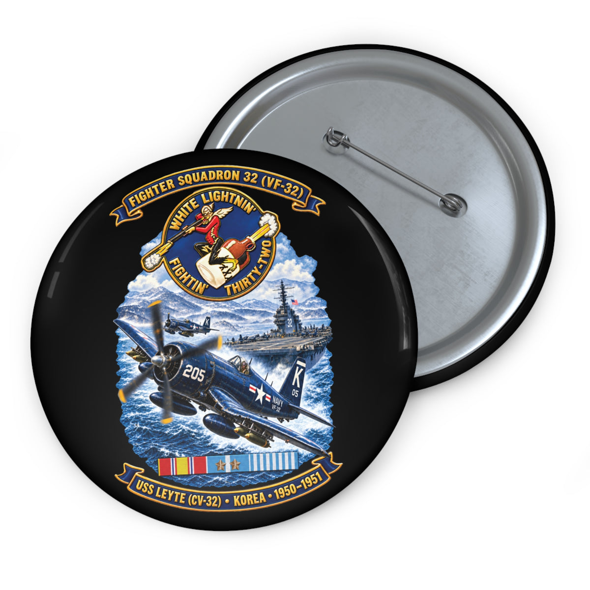 Pin Button - NAVY - VF 32  -White Lightnin - Fightin 32 - SSI - USS Leyte (CV32) - F4U-4 Corsair - Korea - 1950-1951- 3D - Enhanced