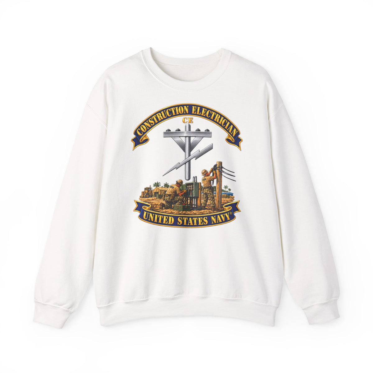 Unisex Heavy Blend™ Crewneck Sweatshirt -  Navy - Rate - Construction Electrician (CE) with Scene - 3D - Enhanced