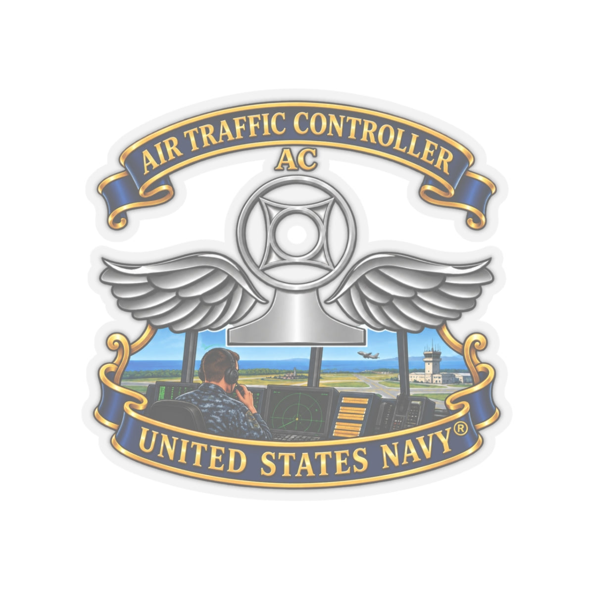 Kiss-Cut Stickers - Navy - Rate - Air Traffic Controller (AC) - with Scene - 3D - Enhanced