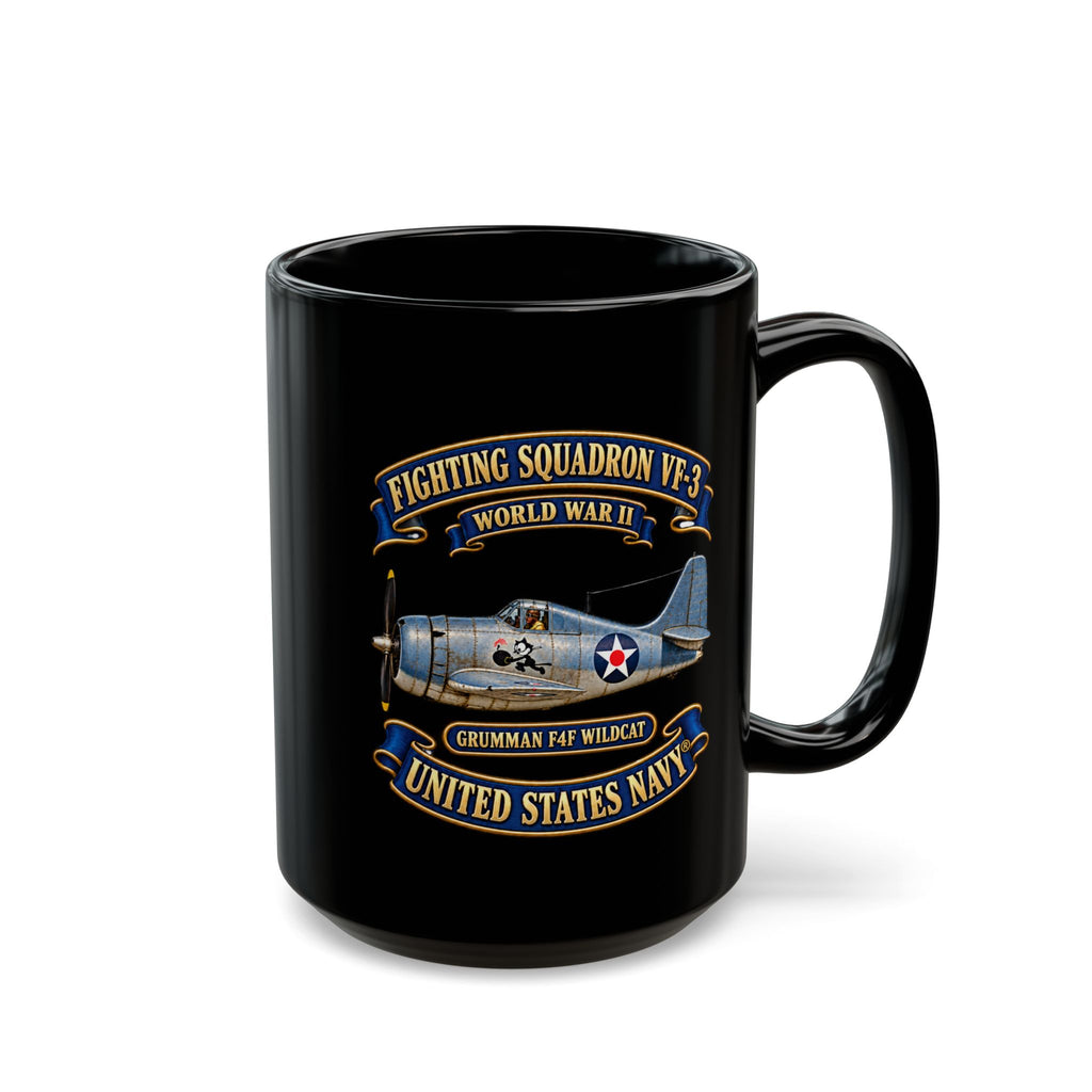 Black Mug (11oz, 15oz) - NAVY - Fighting Squadron - VF 3 - WWII FELIX Insignia - Grumman F4F Wildcat - 3D - Enhanced