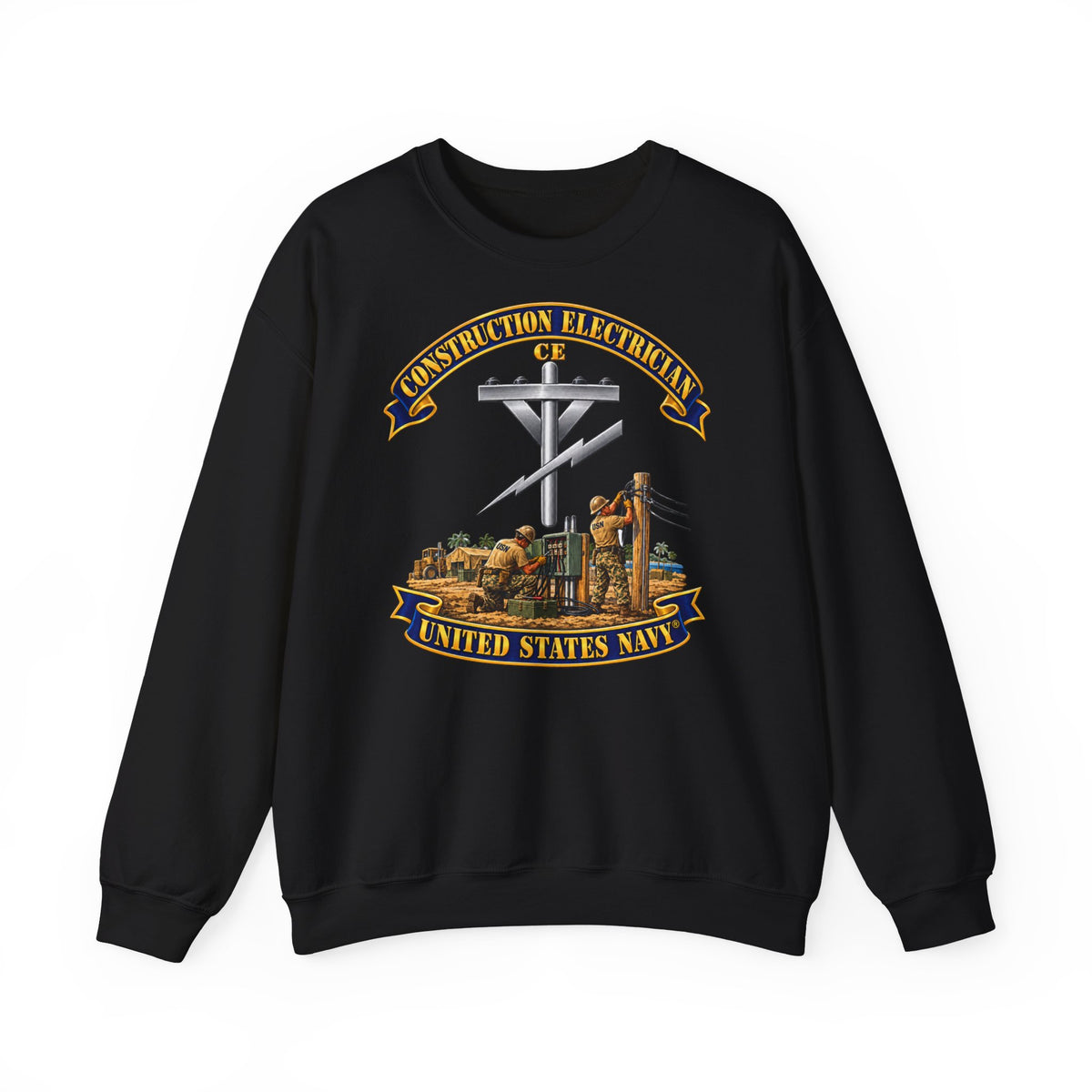 Unisex Heavy Blend™ Crewneck Sweatshirt -  Navy - Rate - Construction Electrician (CE) with Scene - 3D - Enhanced