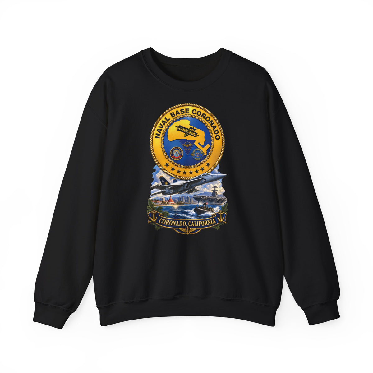 Unisex Heavy Blend™ Crewneck Sweatshirt - NAVY - Naval Base Coronado - Crest w Scene - Coronado California - 3D - Enhanced